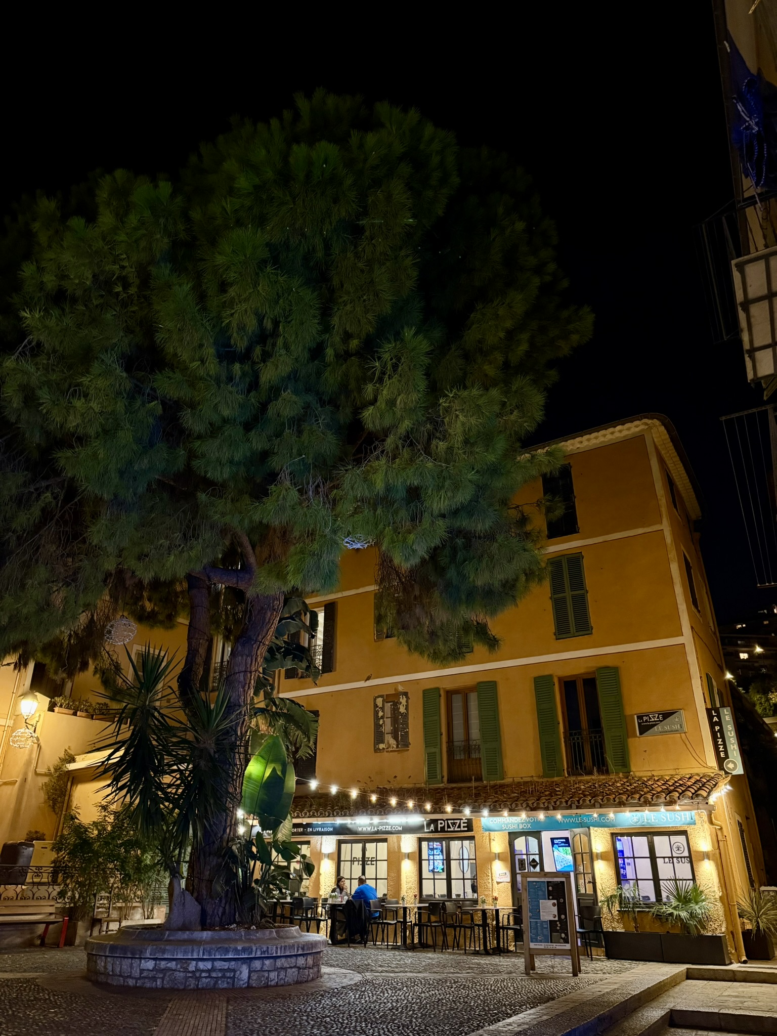 Stämningsfull kvällsbild på ett torg med stort träd framför en restaurang med ljusslingor